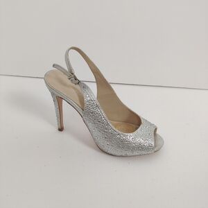 Le Chateau Women's Sling Back Silver Beaded Heels Size 7.5 Evening Prom Party